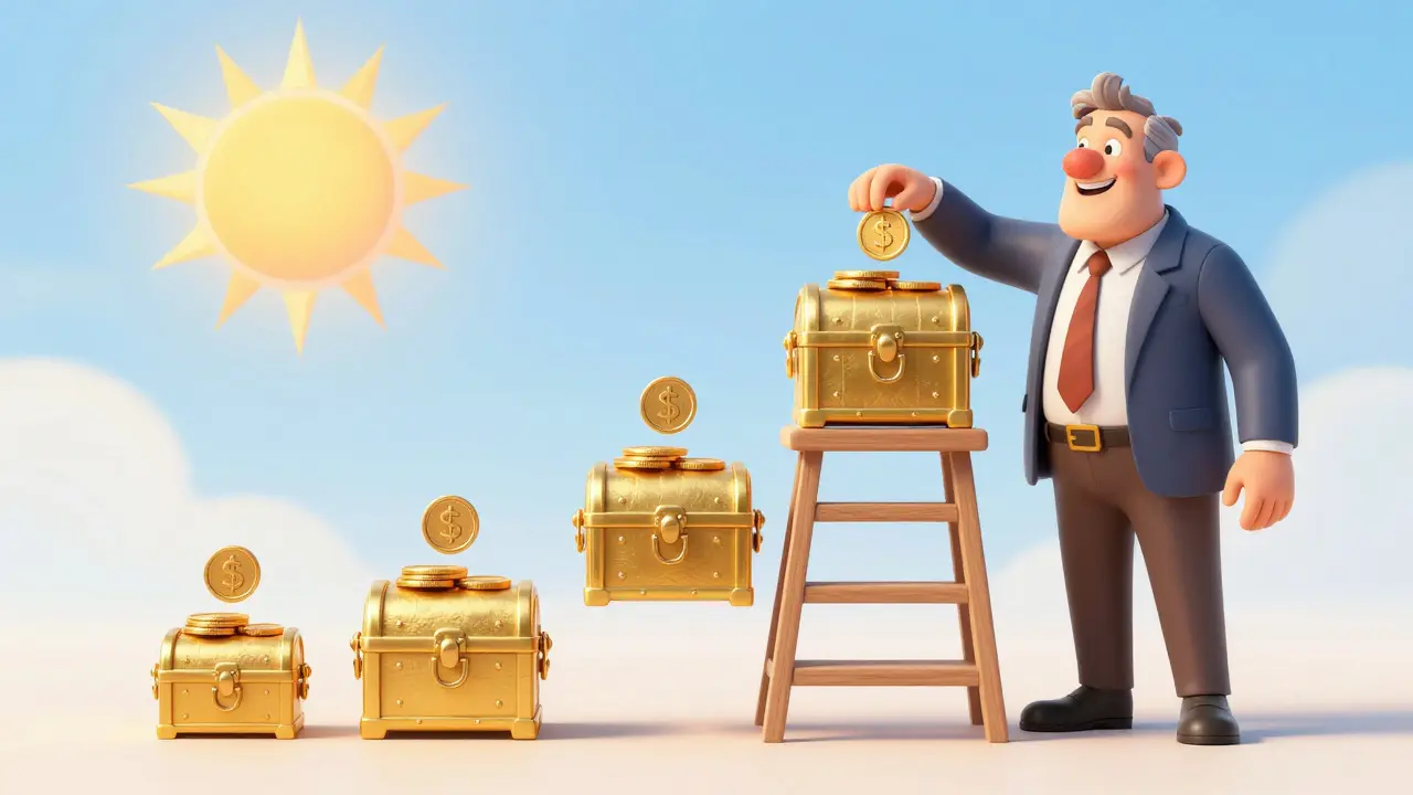 Золотые сундуки в виде лестницы, символизирующие стратегию краткосрочных вкладов