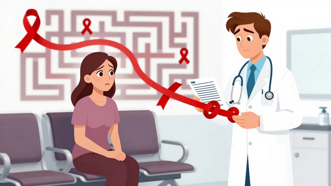 Пациент в клинике перед сложным лабиринтом медицинских счетов