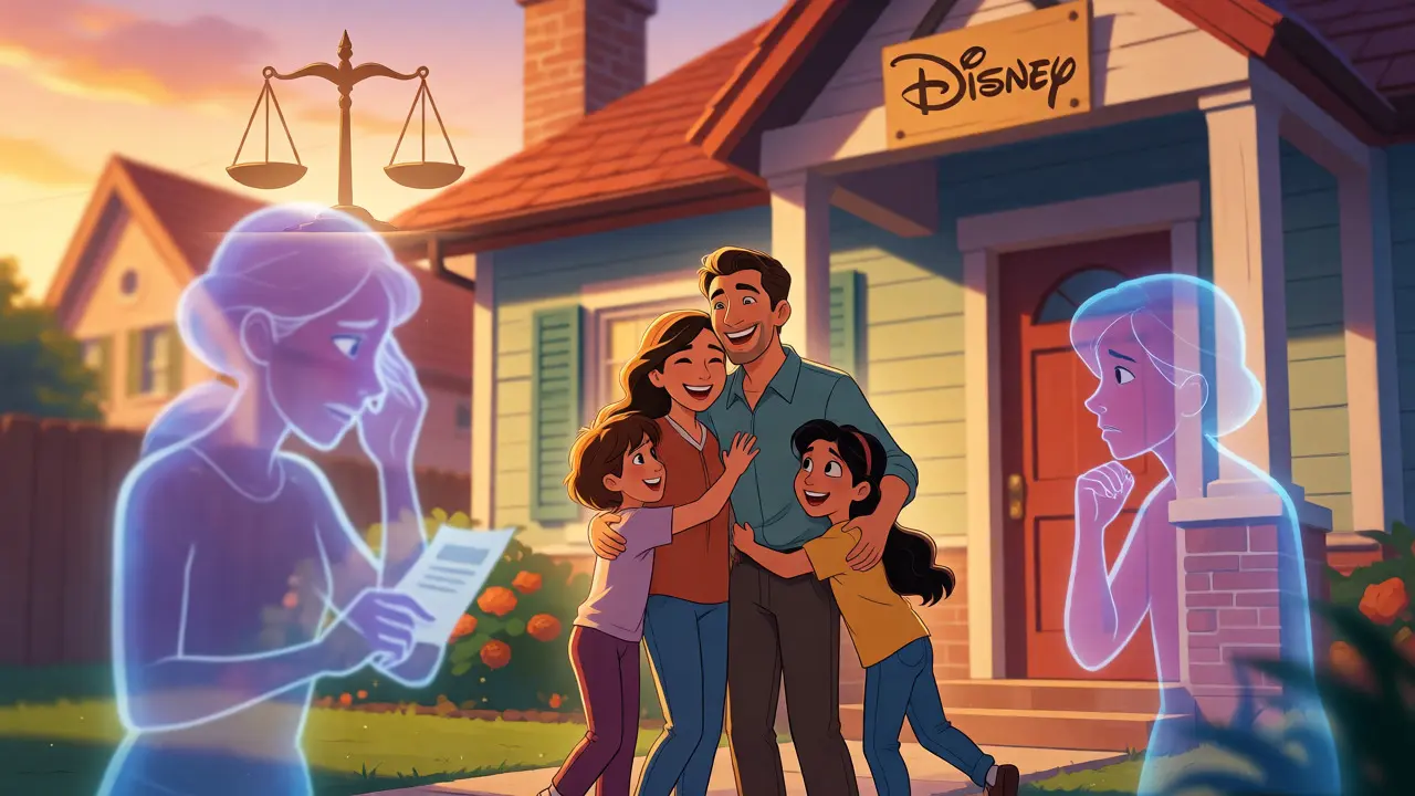 Happy family buying a home with financial risk symbols